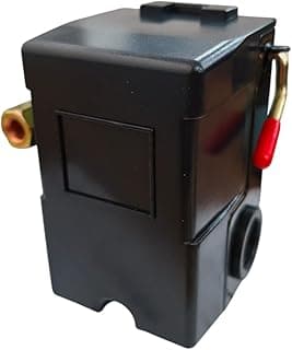 Pressostato automático para compressores de ar em preto com alavanca vermelha e conector amarelo