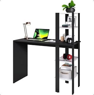Escrivaninha com Prateleiras Reversível Mesa de Estudo Home Office Computador Moderna(Preto/Branco)