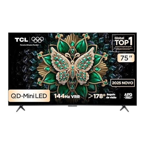 Smart TV TCL 75 polegadas QLED Mini LED 4K com design de borboleta verde e dourada