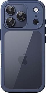 Capa protetora iPhone 17 Pro Max azul escuro, parte traseira transparente, reflexo da câmera e logotipo Apple