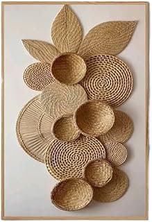 Quadro decorativo grande com design moderno de cestas de vime e folhas em marrom sobre fundo branco