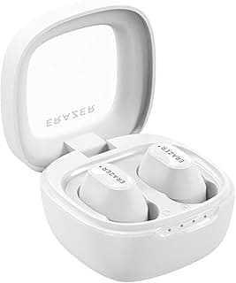 Caixa de carregamento branca com fones de ouvido sem fio brancos, texto 'FAVOR' em cada fone.