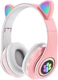 Fone de ouvido Bluetooth 5.0 rosa com orelhas de gato e LED multicolorido