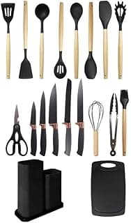 Kit de utensílios de cozinha com 19 peças, incluindo facas, colheres, espátulas e mais, em silicone e plástico.