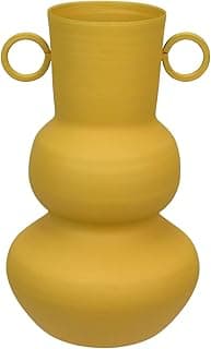 Vaso decorativo em forma de garrafa amarelo com cabos laterais, metal, 20x12x12cm