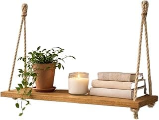Prateleira de Madeira Suspensa com Corda de Sisal Decoração Rústica Boho para Parede Kit Organizador Multiuso Casa Quarto Sala (Com 1)