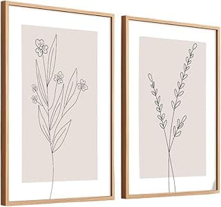 Kit de quadros decorativos 50x70 com moldura de madeira e desenho minimalista de folhagem