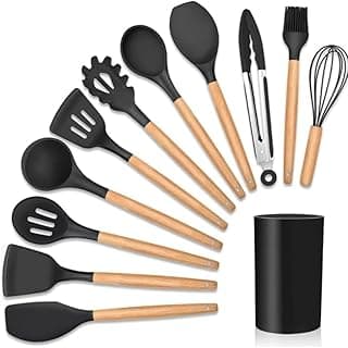 Kit de utensílios de cozinha em silicone com 12 peças, preto e madeira