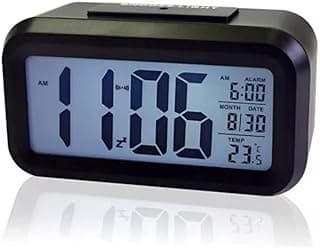 Relógio digital de mesa preto com sensor de temperatura