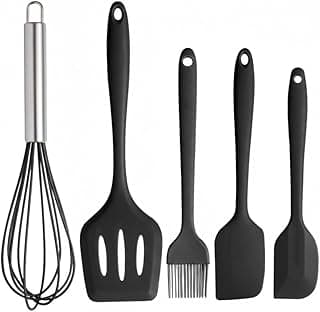 Kit de utensílios de cozinha em silicone com 5 peças, incluindo espátulas, fouet e pincel culinário, todos em preto e prateado
