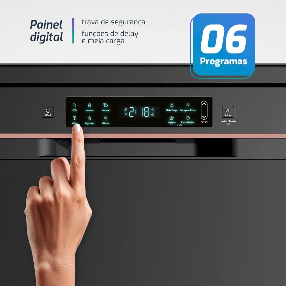 Lava-louças HQ Screen HQ-LL14SD 14 serviços preta 110V com painel digital.