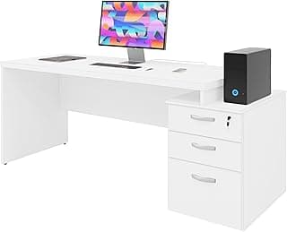 Escrivaninha de Escritório Mesa Pedestal 190x70cm 3 Gavetas com Fechadura MDP 30mm Home Office Organização, Armazenamento e Durabilidade, Acabamento em ABS Netmobil (Branco)