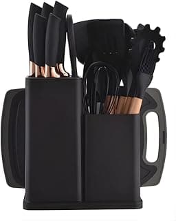 Kit de utensílios de cozinha de silicone com facas de cabo de madeira tratada, preto