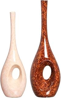Duas garrafas decorativas marrom e bege com aberturas circulares