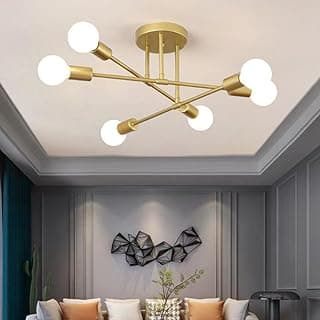 Luminária de teto dourada com seis luzes, design moderno, para sala de estar.
