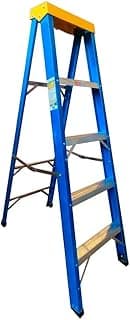 Escada tesoura simples de fibra de vidro com quatro degraus e um patamar, cor azul, topo amarelo.