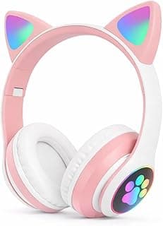 Fone de ouvido infantil rosa e branco com LED colorido, sem fio, ajustável e confortável