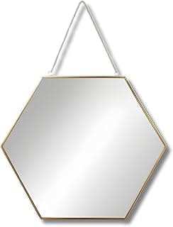 Espelho hexagonal de parede com moldura metálica dourada e corrente, decoração minimalista para quarto, banheiro, sala e penteadeira.