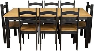 Jogo de mesa de jantar 180x74cm com 8 cadeiras em madeira maciça, preto e mel
