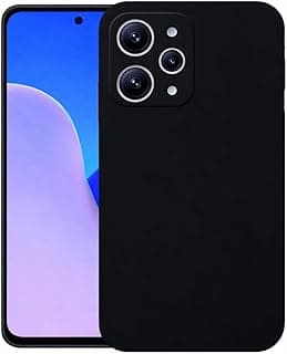Capa protetora preta para Xiaomi Redmi 12 4G com recortes para câmera e botões, fundo azul e rosa