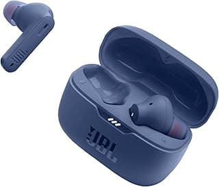 Fone de ouvido JBL Tune 230NC TWS azul com estojo aberto, fundo branco