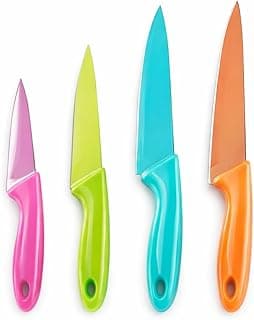 Kit de quatro facas de cozinha com cabos coloridos e lâminas de aço inoxidável