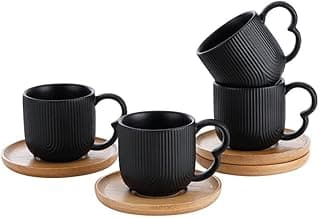 Jogo de 4 xícaras de café preto com pires de bambu, fundo branco