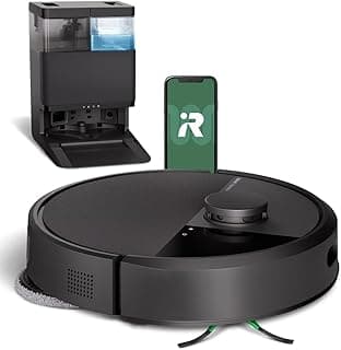 Robô aspirador Roomba 405+ Combo da iRobot, em preto, com base AutoWash Dock visível e smartphone ao lado.