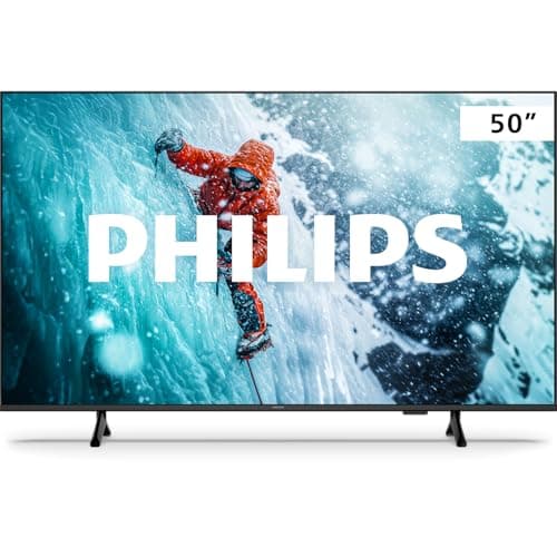 TV Philips 50 polegadas 4K com imagem de alpinista