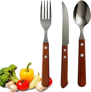 Conjunto de Talheres em Aço Inox com Cabo de Madeira, 48 Peças, Marrom e Prata, Utensílios de Mesa para Cozinha