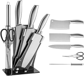 Jogo de Facas em Aço Inoxidável 6 Peças com Suporte Acrílico – Faca Chef, Cutelo, Tesoura, Chaira e Facas Profissionais para Cozinha