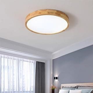 Luminária de teto LED circular em madeira, iluminando um quarto com luz branca