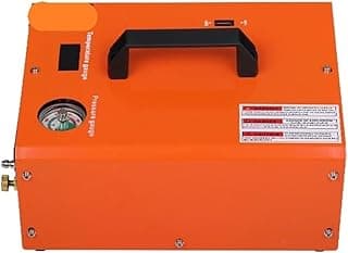 Compressor de ar laranja com medidor de pressão e etiquetas técnicas