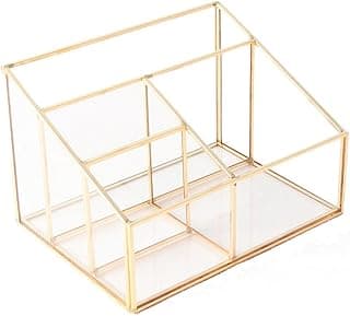 Organizador de mesa em vidro com estrutura metálica dourada