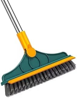 Escova de limpeza rígida 2 em 1 com raspador e limpa-vidros rotativo, verde e amarela, para banheiro, cozinha e áreas externas
