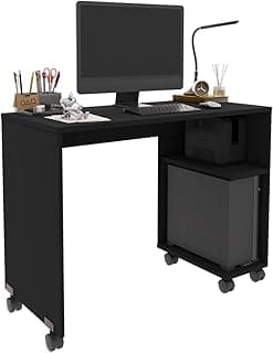 Escrivaninha preta com suporte para CPU, teclado e monitor