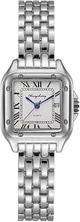Relógio feminino clássico quadrado, aço inoxidável, mostrador branco, números romanos, pulseira de 23cm