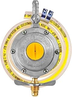 Regulador de gás doméstico 506/01 com mangueira de 120 cm, corpo cinza com botão amarelo, mangueira amarela e conector dourado.
