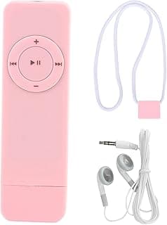Leitor de MP3 rosa com fone de ouvido branco em fundo branco
