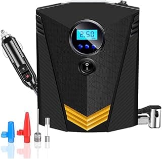 Compressor de ar digital preto e amarelo para inflar pneus, com visor digital e acessórios