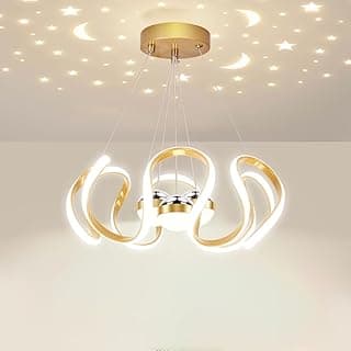 Luminária pendente LED dourado espiral com projeção de estrelas e luas no teto
