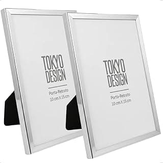 Porta-retratos de metal prateado, 10x15 cm, kit com 2, aço inox, vidro e veludo, uso horizontal e vertical, marca Tokyo Design.