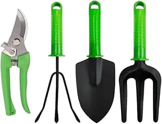 Kit Jardinagem 4 Peças Tesoura de Poda Pá Garfo e Rastelo Jogo de Ferramentas para Jardim e Plantas em Aço e PP