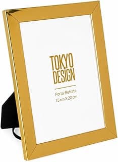 Porta-retrato dourado com moldura moderna, texto 'TOKYO DESIGN' e dimensões 15x20 cm.