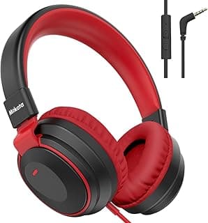 Fone de ouvido infantil Mekata com volume limitado, vermelho e preto, cabo de 3,5 mm, microfone, dobrável