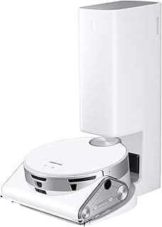 Aspirador robô SAMSUNG Jet Bot AI+ branco com detalhes metálicos, câmara e botões de controle, logotipo SAMSUNG visível