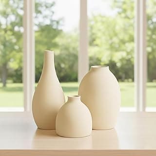 Trio de vasos decorativos modernos em cerâmica bege para decoração de interiores