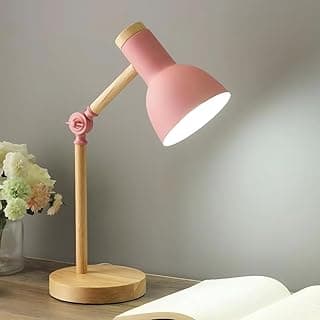 Luminária de mesa retrátil rosa com base de madeira, design moderno, ajustável e compacto.