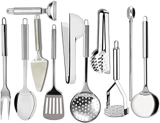 Kit 15 peças utensílios cozinha aço inox escumadeira concha espátula pegador