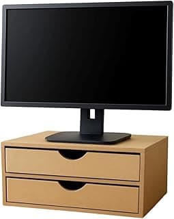 Suporte gaveteiro de mesa com três gavetas em MDF, cor bege, com monitor preto no topo
